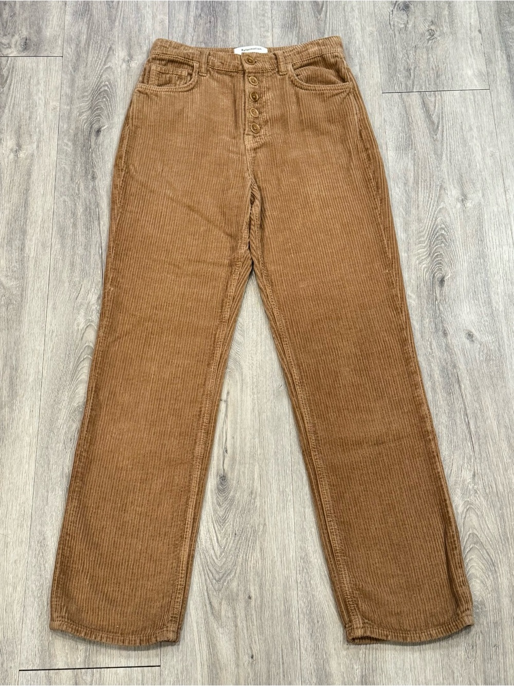 Reformation Tan Brown Cynthia Button Fly High Rise Straight Corduroy Pants